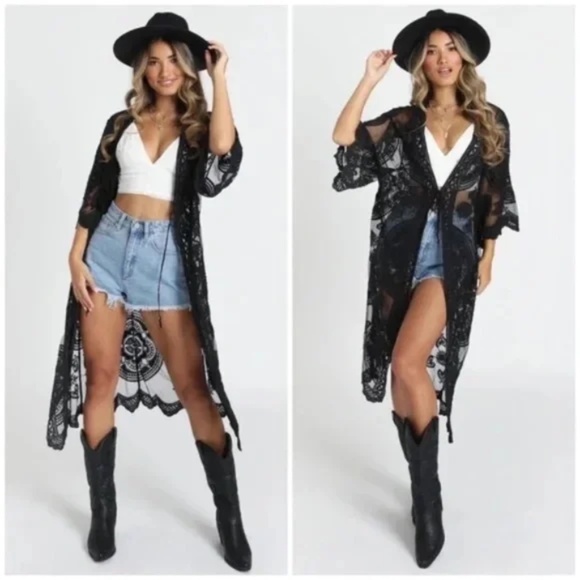 Black Scalloped Sheer Mesh Lace Boho Kimono Wrap - Picture 2 of 3